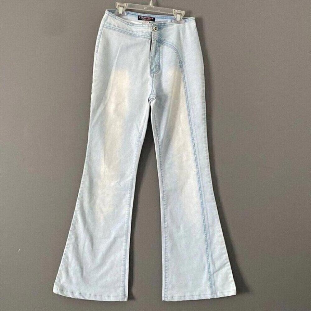 Y2K Etozs Light Wash Flare Jeans Mid Rise Asymmetrical Seam 28
